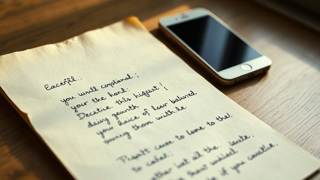 A handwritten letter on aged paper next to a modern smartphone