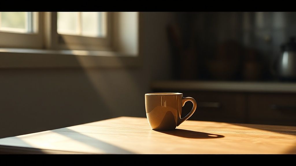 A single coffee cup on a kitchen counter in morning light