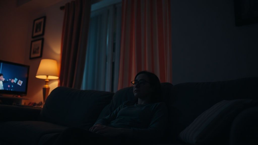 A person sitting alone on a sofa in evening light with television glow