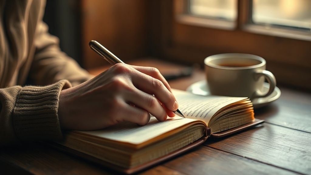 Hands writing in a journal by window light with coffee cup nearby