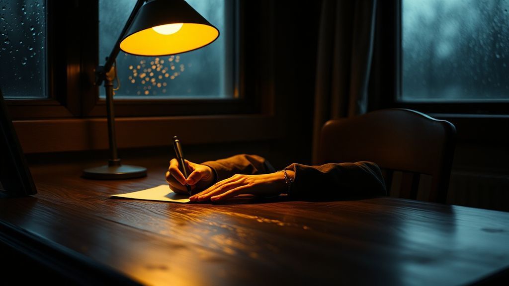 A person writing by hand at a wooden desk near rain-streaked window