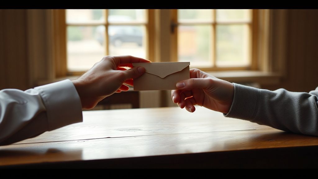 Two hands exchanging a sealed envelope across a table, soft natural light