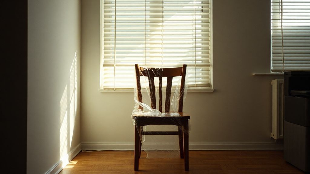 A single unwrapped wooden chair in an empty apartment corner