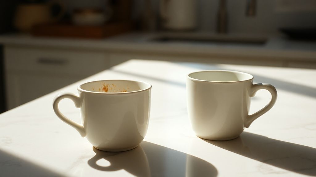 Two coffee cups on a kitchen counter, one clearly used and one untouched