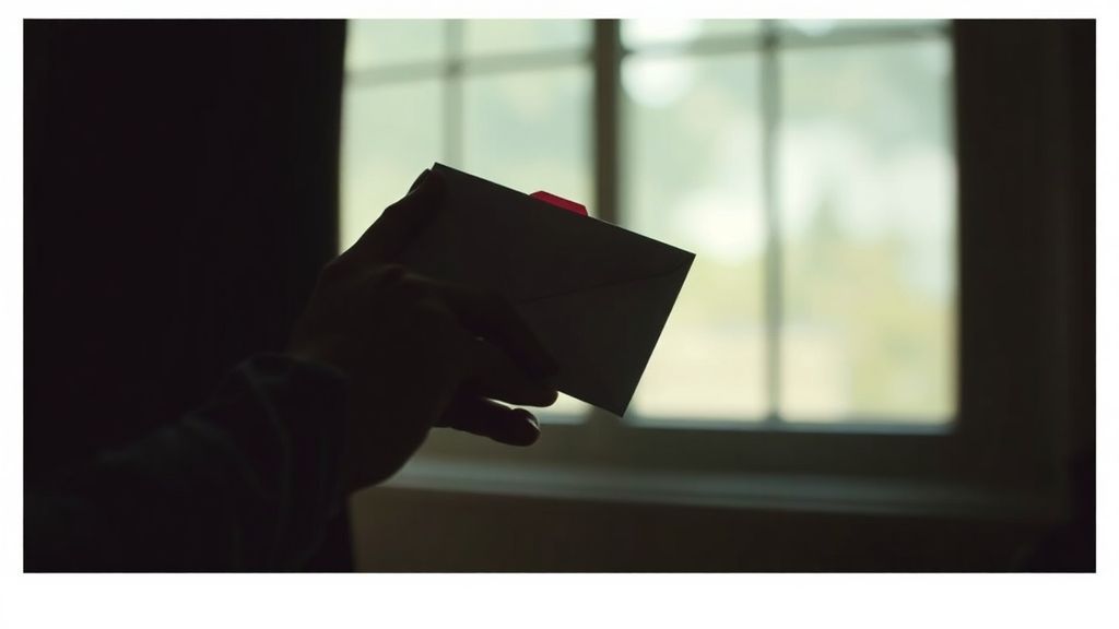 Hands holding a sealed envelope against a window with soft light