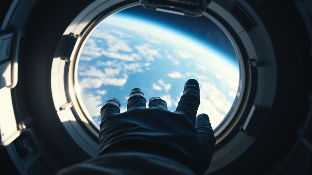 Astronaut's gloved hand reaching toward Earth through spacecraft window