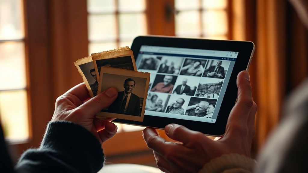 Elderly hands holding vintage photographs with modern tablet in background