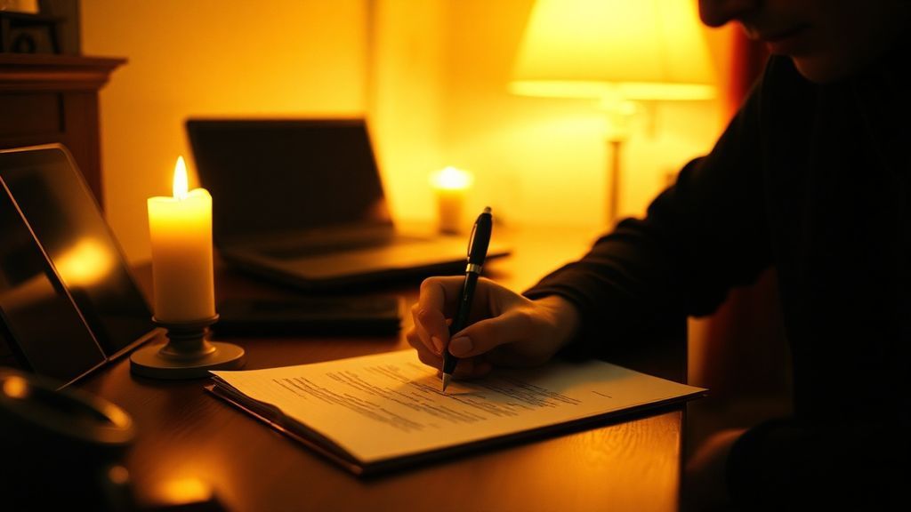 Person writing letter by candlelight with digital devices nearby