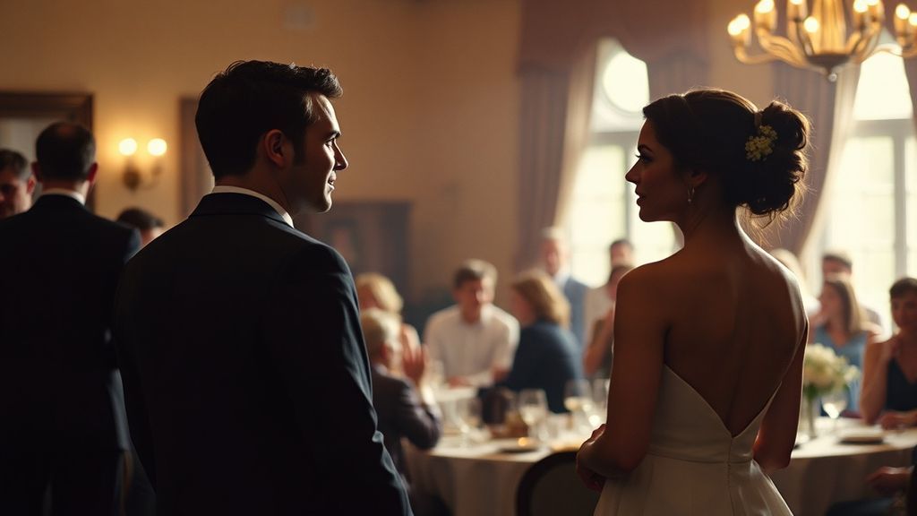 A couple standing apart at a crowded rehearsal dinner, caught in different conversations