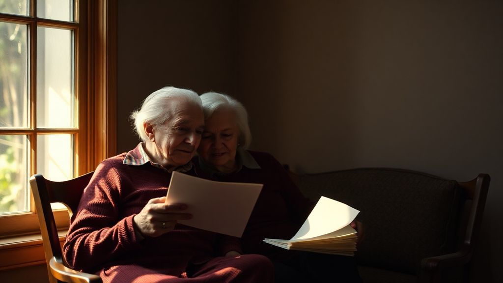 An older couple reading letters together by a window