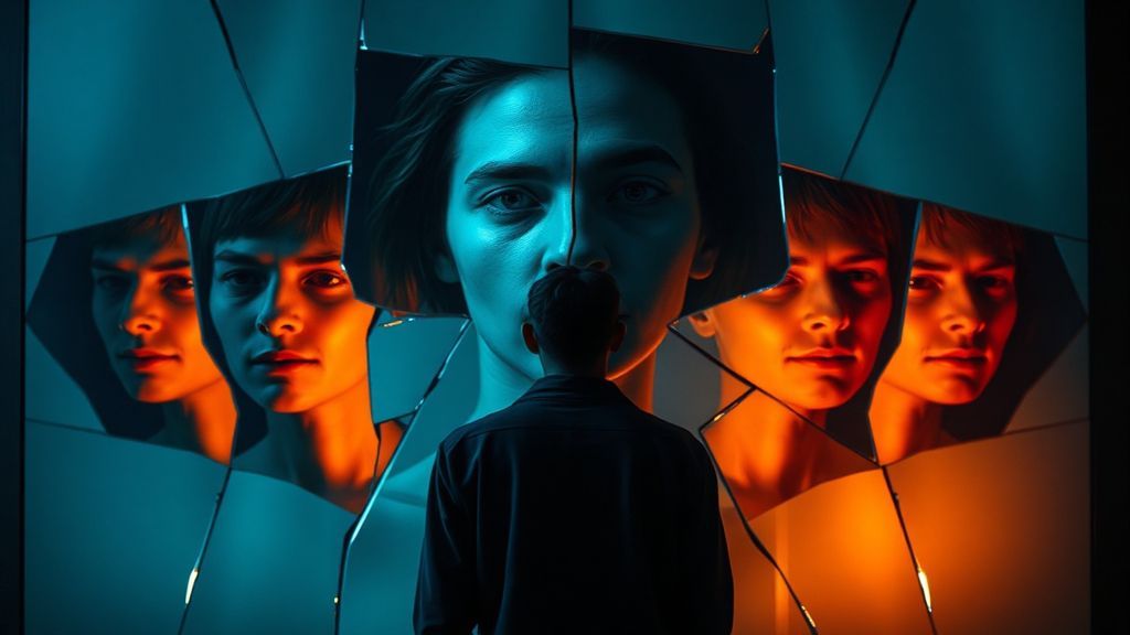 A person staring at their distorted reflection in a fragmented digital screen