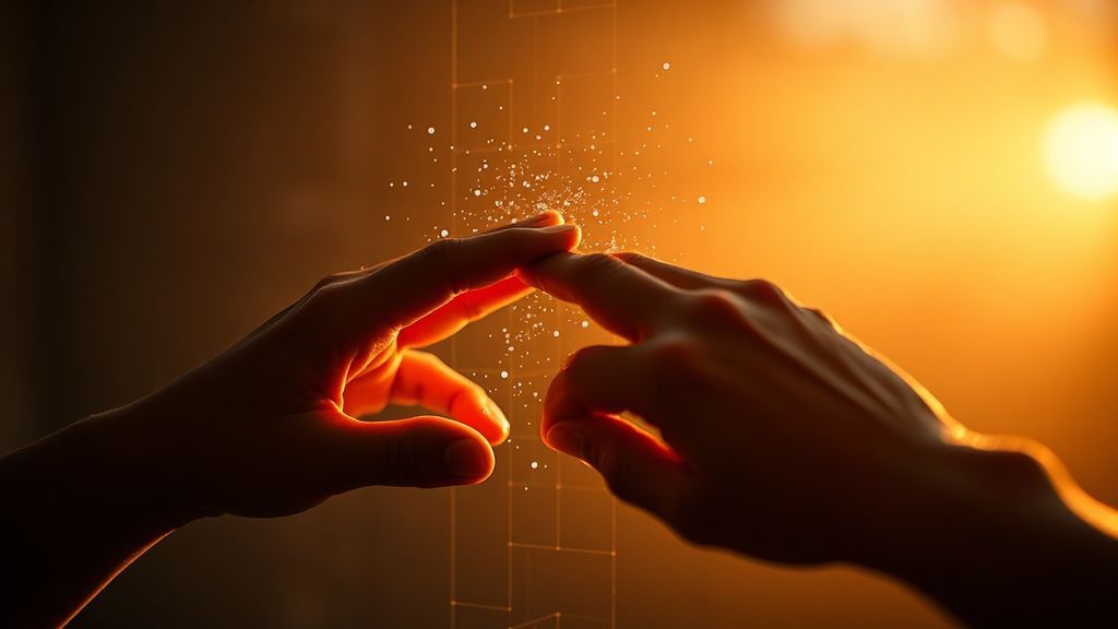 Hands reaching toward each other through a translucent digital interface