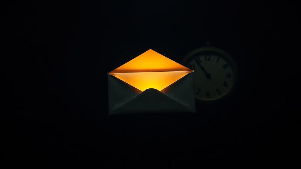 A sealed envelope glowing softly in a dark space surrounded by faint clock faces