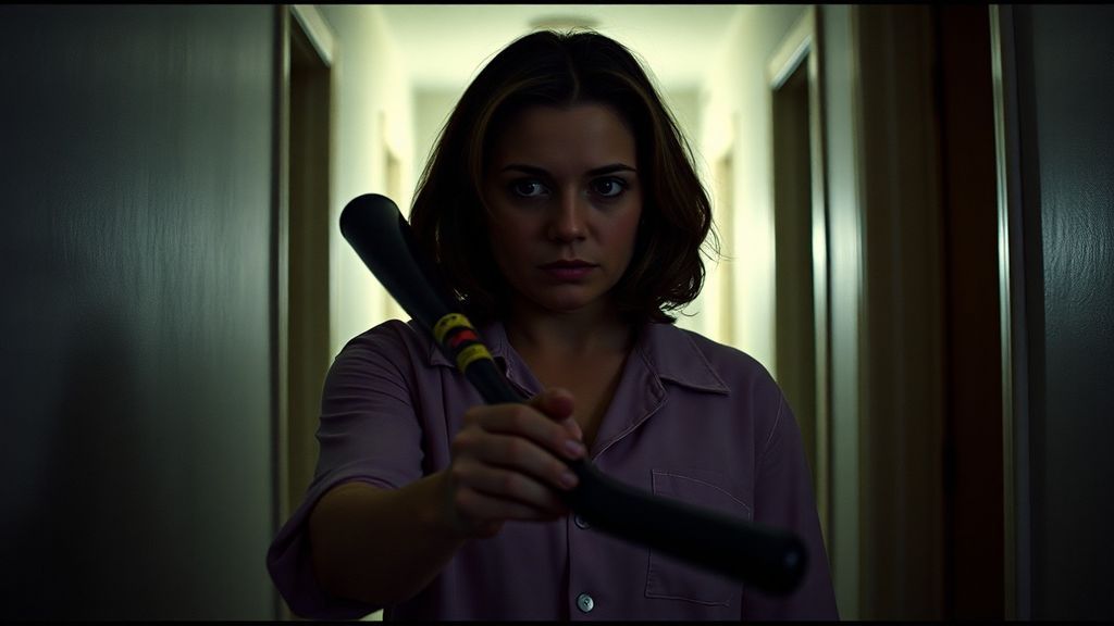 A mother checking a dark hallway at night with a baseball bat