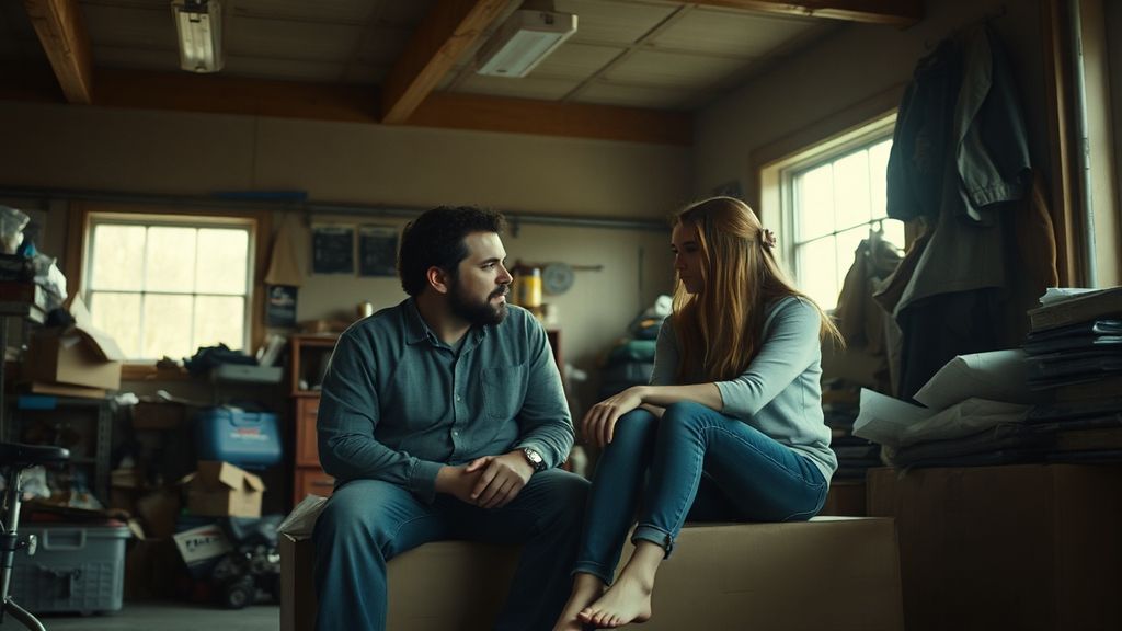 A father and his teenage daughter having a serious conversation in a garage