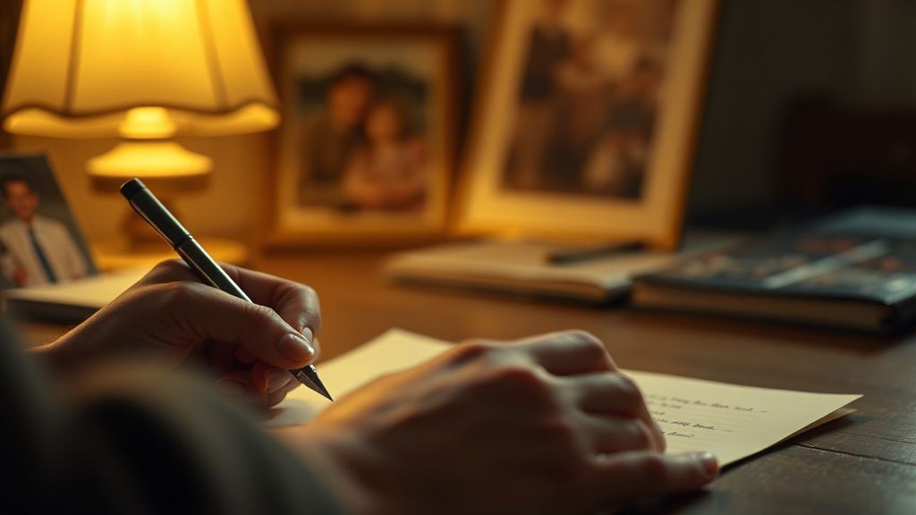 Hands writing a letter by warm lamplight with family photos nearby