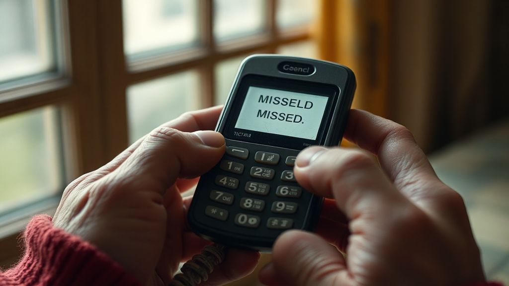 Two hands holding an old flip phone with a cracked screen showing multiple missed calls