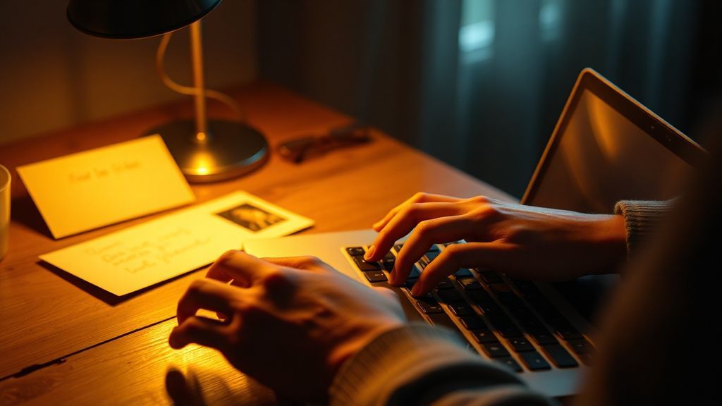 A person's hands typing on a laptop in warm lamplight with a handwritten letter visible beside the keyboard