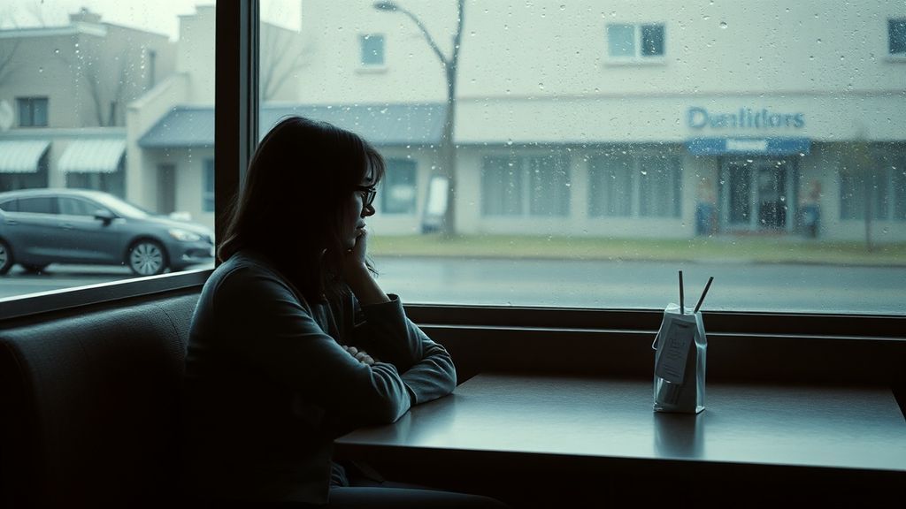 A woman sitting alone at a restaurant table by a rainy window