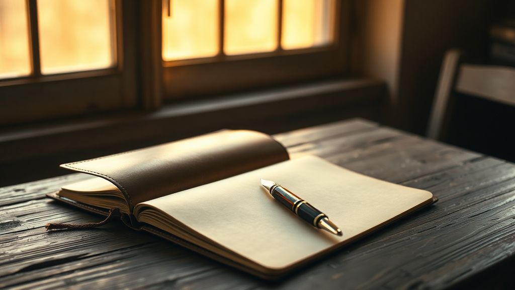 An open notebook and pen on a wooden desk at golden hour