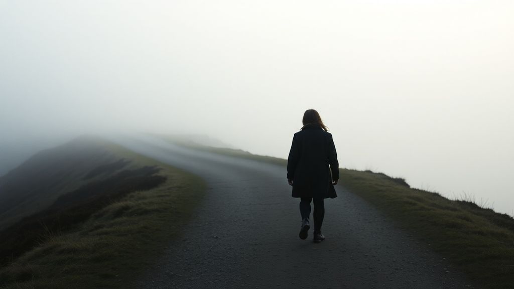 A person walking alone on a foggy coastal path at dawn