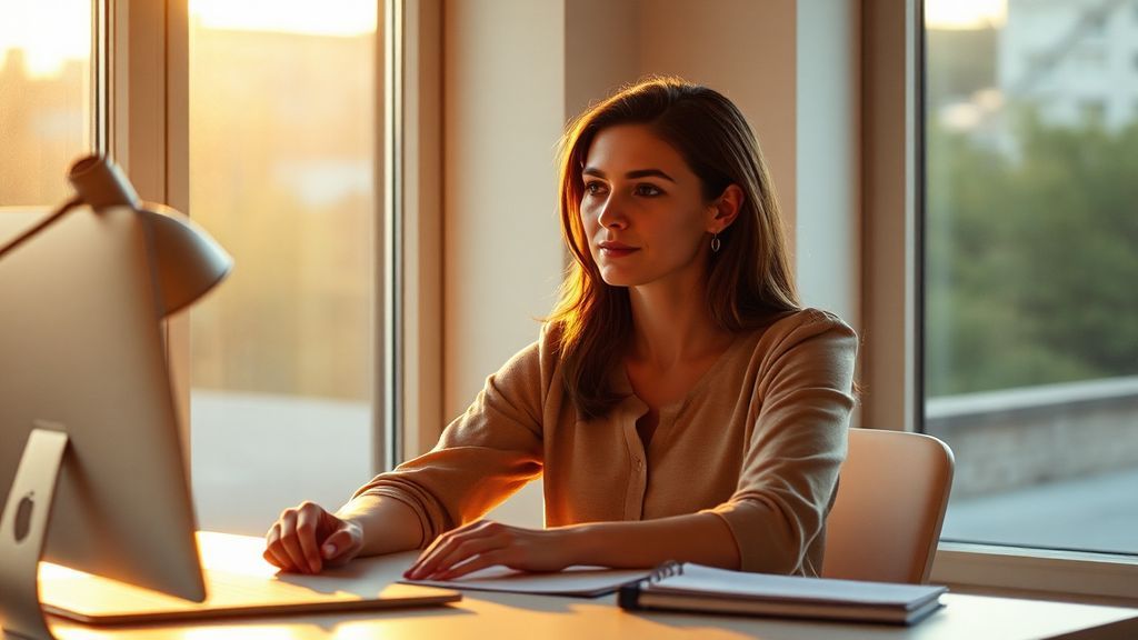 A professional woman pausing at her desk near a window at golden hour