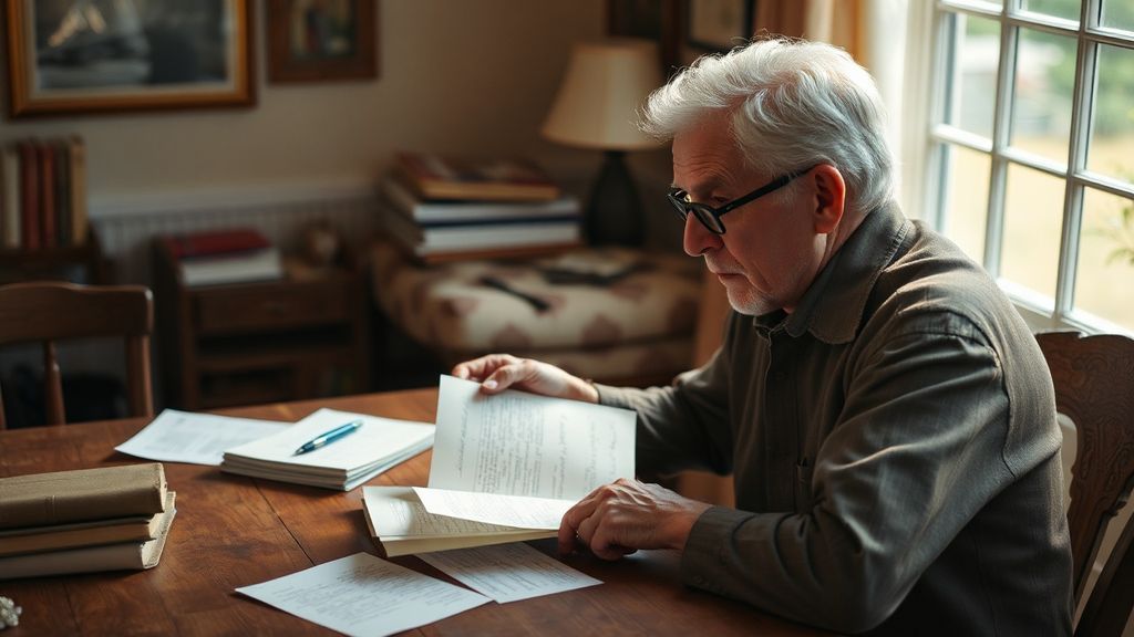 An older professional reviewing handwritten notes and photographs at a wooden table
