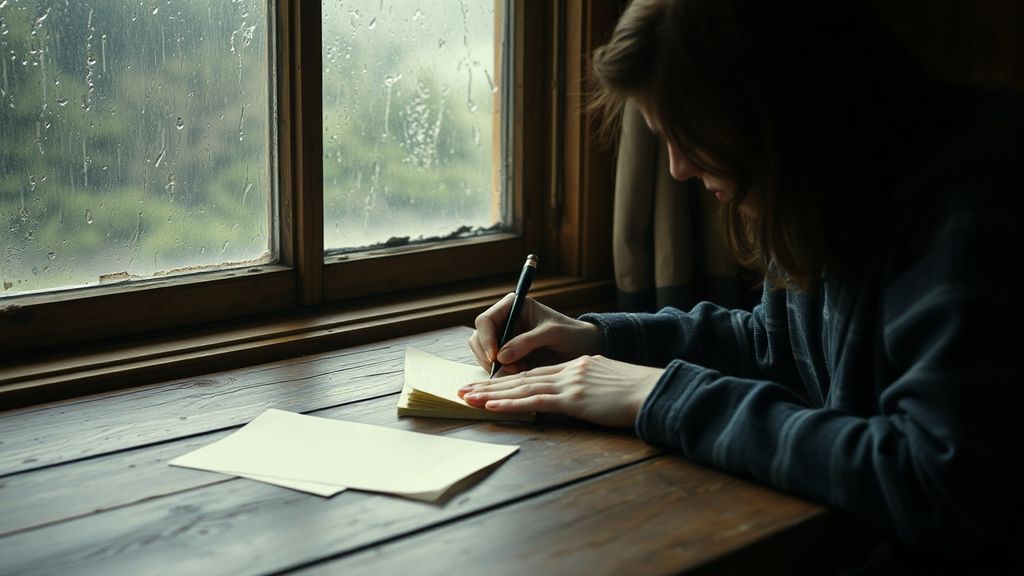 A person writing by hand at a wooden desk near a rain-streaked window