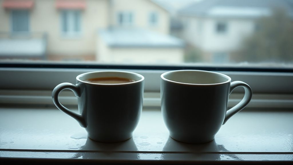 Two coffee cups on a windowsill with condensation, one clearly used more than the other