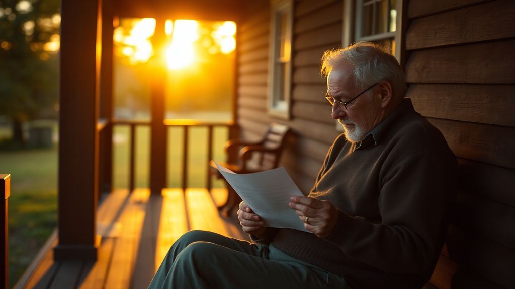 An elderly couple reading a handwritten letter together on a porch at golden hour