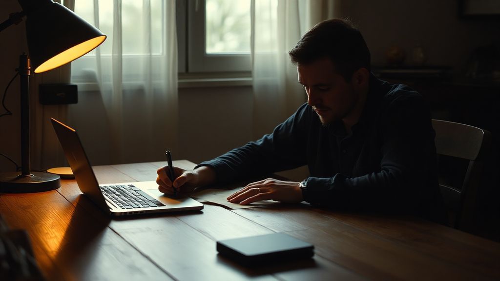 A man writing a letter by lamplight with a closed laptop nearby