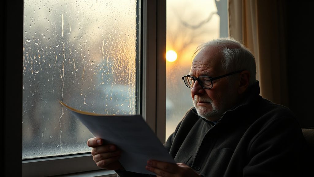 An elderly man reading a printed letter near a window at dawn