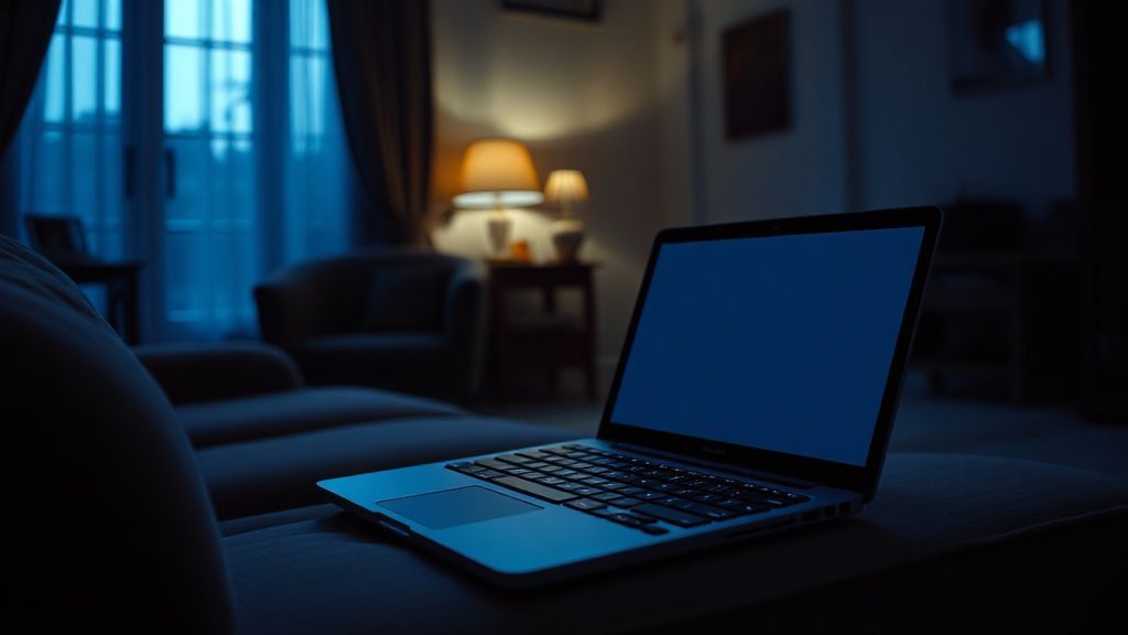 A dimly lit living room with an open laptop on a couch