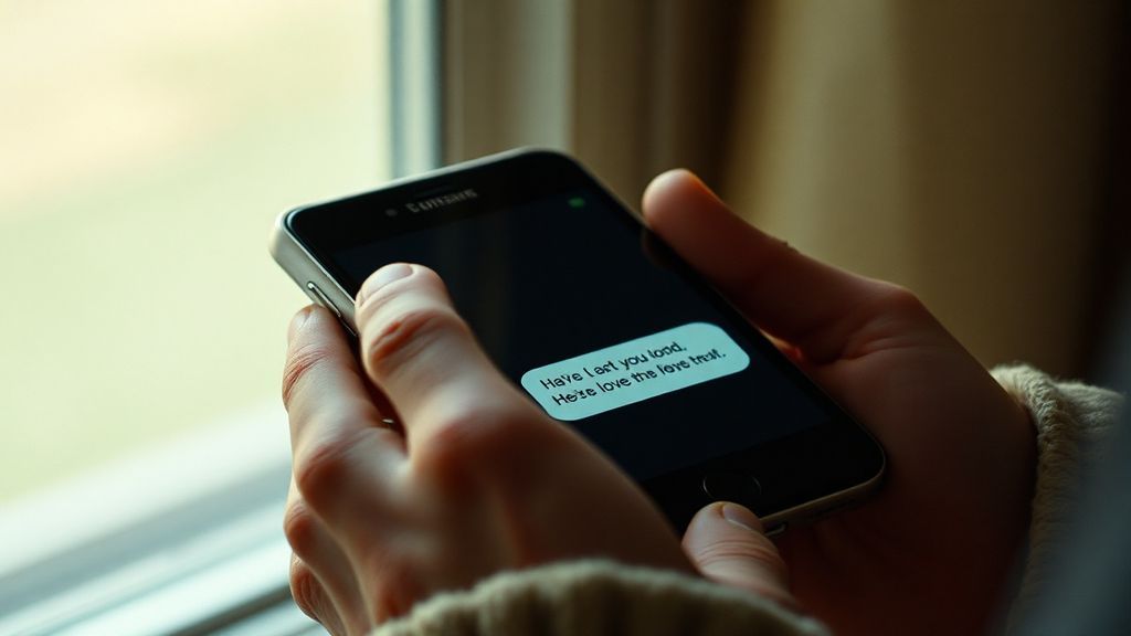 Hands holding an old smartphone displaying a text conversation