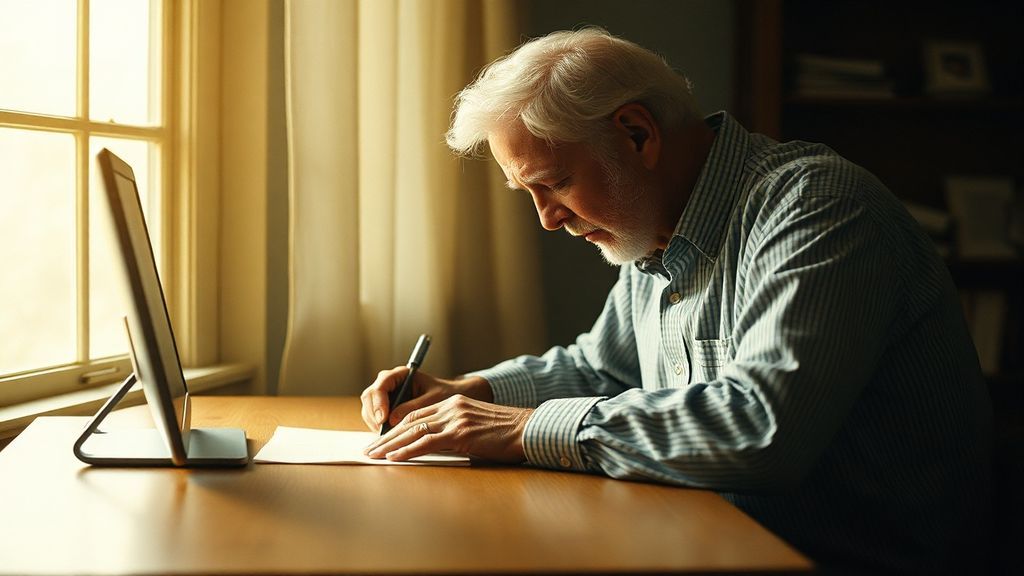 An elderly man writing a letter by hand at a wooden desk