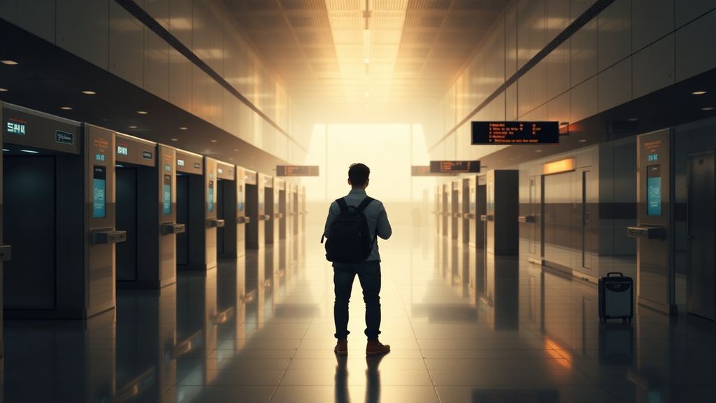 A lone traveler standing in an empty airport corridor with biometric scanners visible in the background