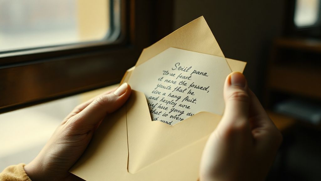 Hands holding an old envelope with a handwritten letter inside, soft natural window light