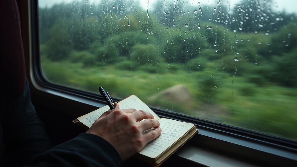 A person writing in a leather journal by a rainy train window, blurred landscape passing outside