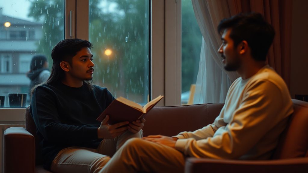A couple sitting in comfortable silence on a rainy evening