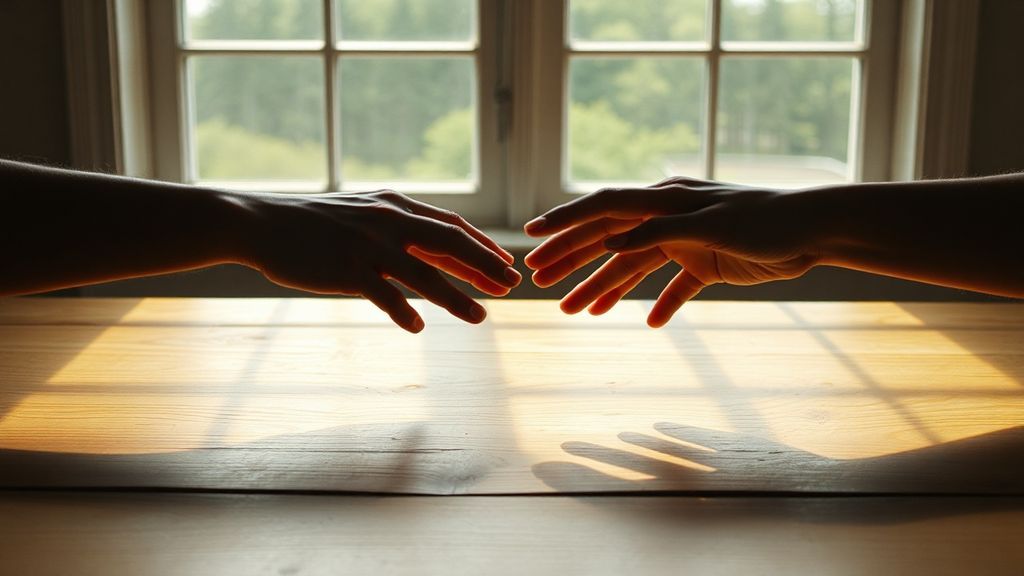 Two hands reaching toward each other across a table