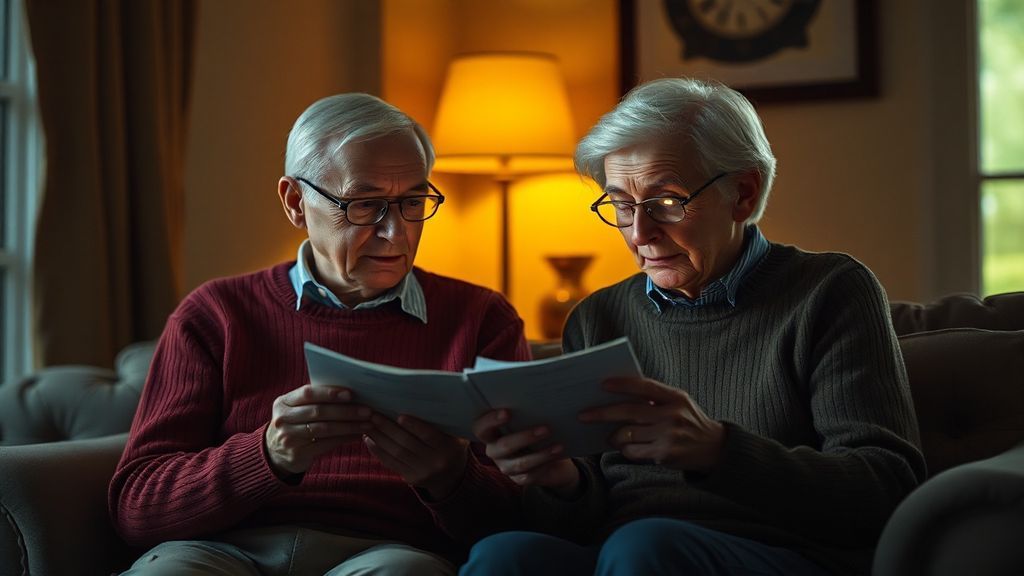 An elderly couple reading letters together by warm lamplight