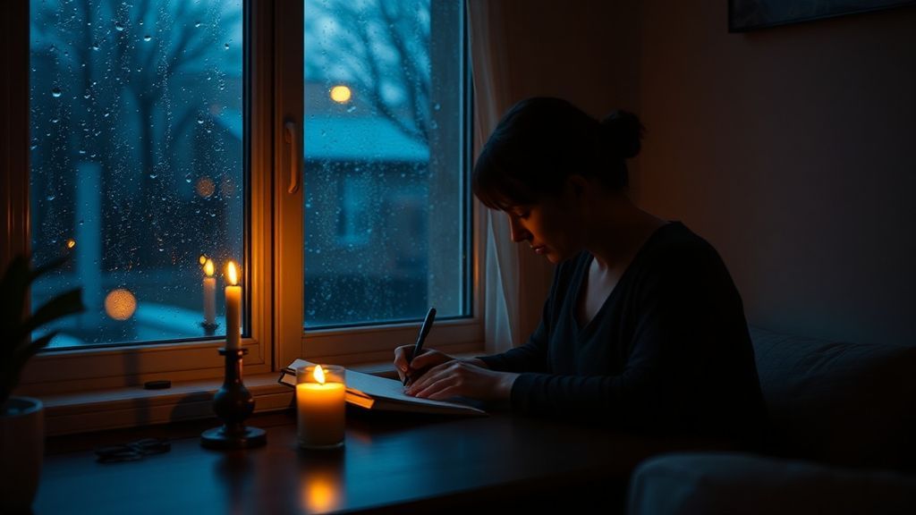 A person writing a handwritten letter by candlelight near a rain-streaked window