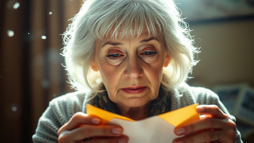 An elderly woman opening an old envelope with sunlight streaming through dust particles