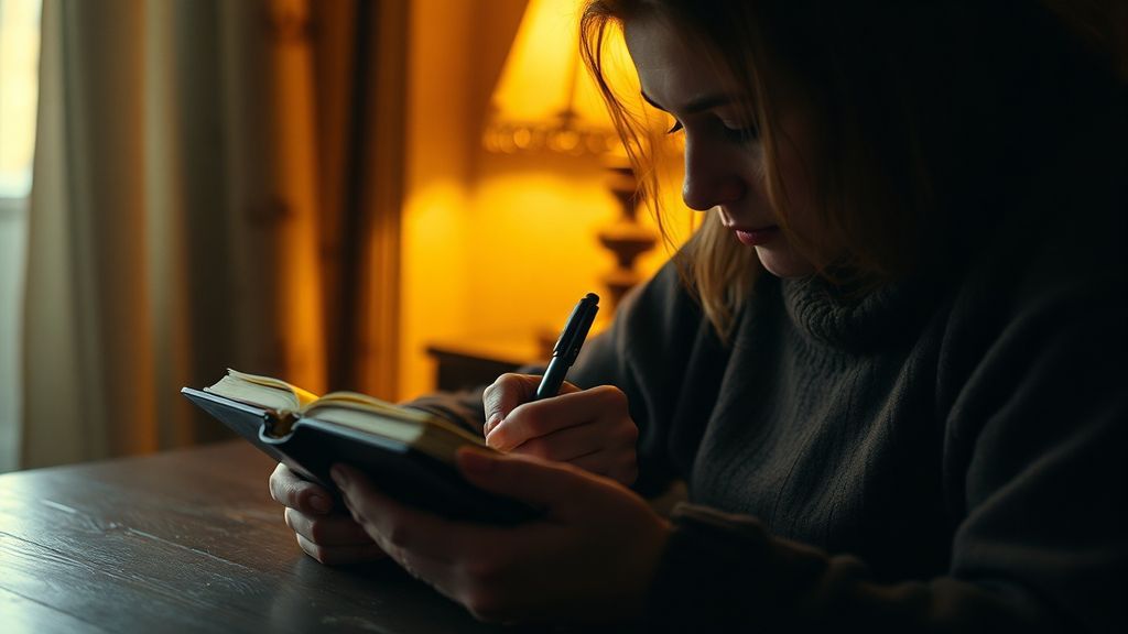 A mother writing in a leather-bound baby book by lamplight