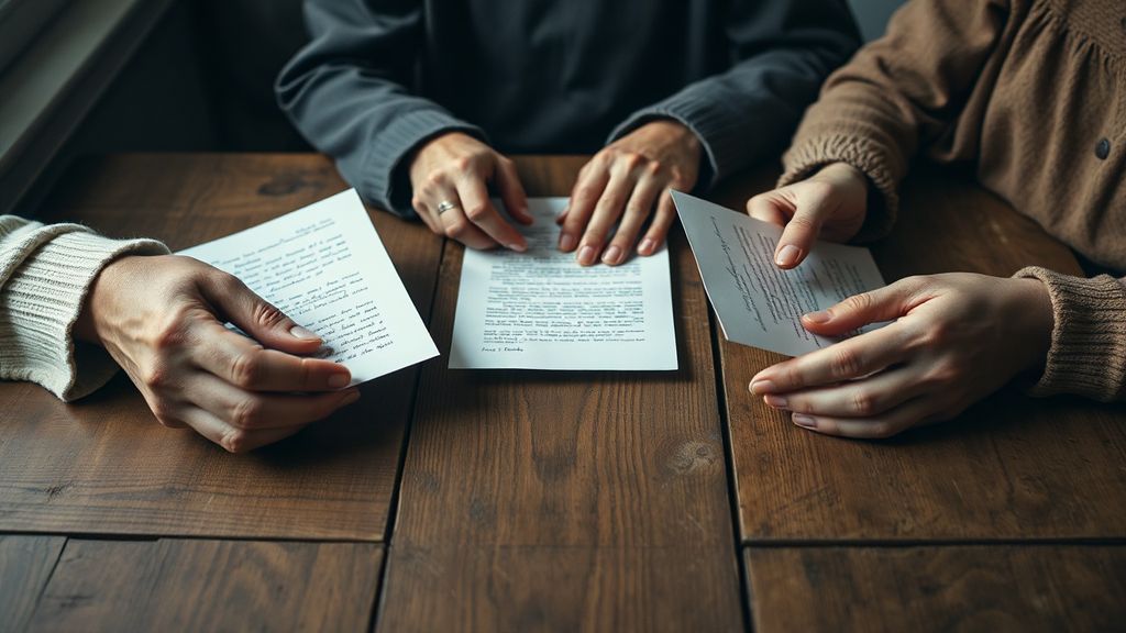 Hands of different generations holding letters across a wooden table