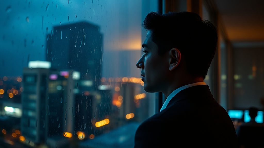 A person staring out a rain-streaked office window at dusk