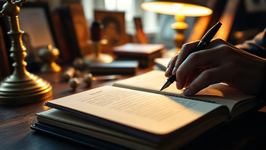 Hands writing in a leather journal beside a vintage desk lamp