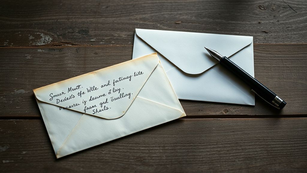 Two envelopes on a wooden surface, one aged and worn, one fresh and unsealed