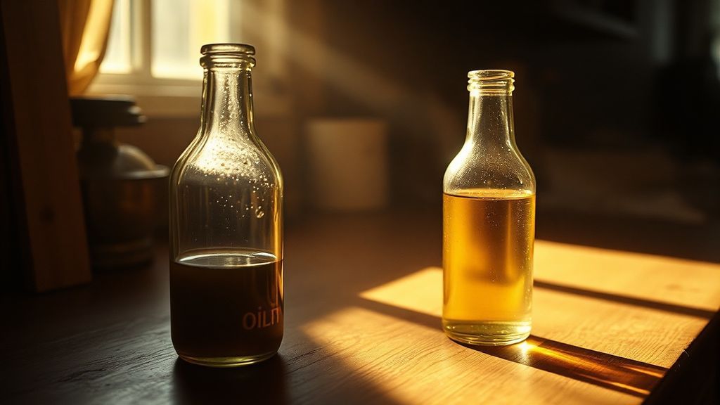 An almost-empty glass bottle of olive oil on a kitchen counter at golden hour