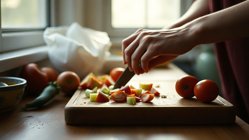 Hands preparing vegetables on a cutting board with soft morning light
